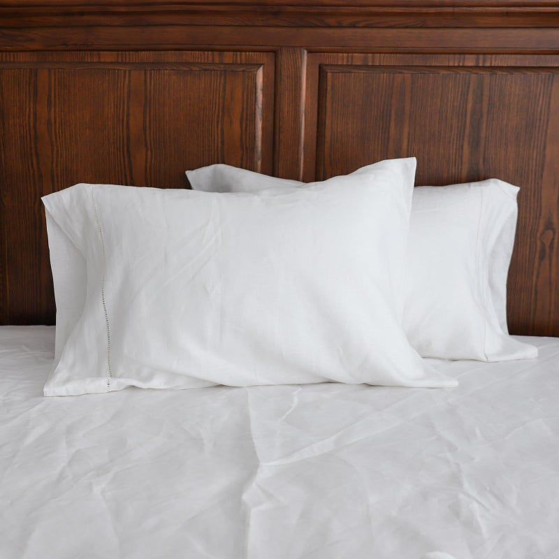 Simple&Opulence 100% Linen Pillowcase with Hand Drawing Hemstitch Pillow Cover Queen Size Set of 2 Soft and Durable (White, 20''x30'') - Image 1